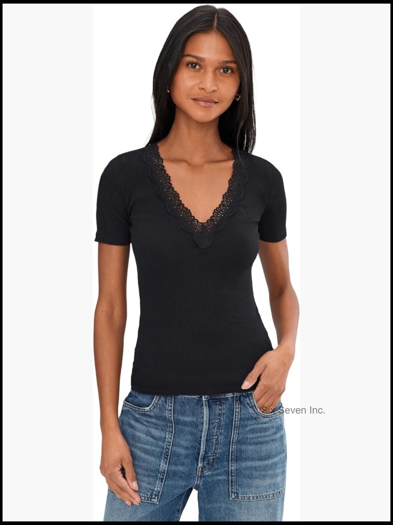 Lace-Trim V-Neck Top - Cotton Tencel Modal Blend, Short Sleeve, Pull On
